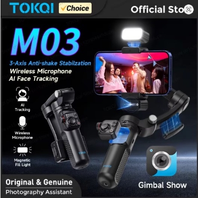Picture of TOKQI M03 Handheld Gimbal 3-Axis AI Tracking Stabilizer with Wireless Microphone for Smartphones Shooting Vlog, with Fill Light