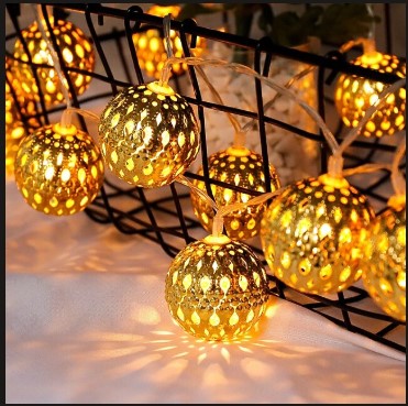 Picture of Decorative Moroccan 20 Golden Metal Balls LED Globe String Lights, Snow Ball Home Decorative Lights