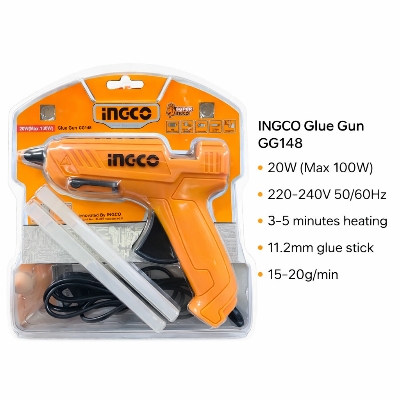 Picture of INGCO GG148 Hot Glue Gun 20W (Max 100W) – 11.2mm Stick, Fast Heating, DIY & Craft Tool Product Name: INGCO GG148 Professional Hot Glue Gun - Yellow