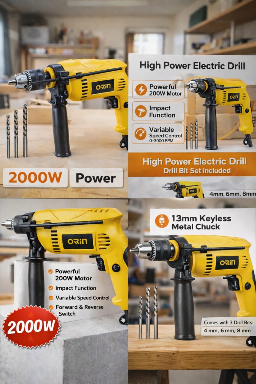 Picture of Orin 2000W Electric Impact Drill Machine with 13mm Metal Chuck & 6.5mm Drill Bits – Heavy Duty DIY Tool
Alternative - Yellow