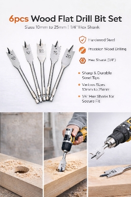 Picture of 6 Pcs Wood Spade Drill Bit Set 10mm–25mm – Flat Wood Drill Bits with Hex Shank (Steel)