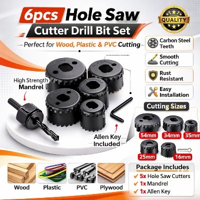 Picture of 6 Pcs Hole Saw Cutter Drill Bit Set – Wood & Plastic Round Cutting Tool Kit