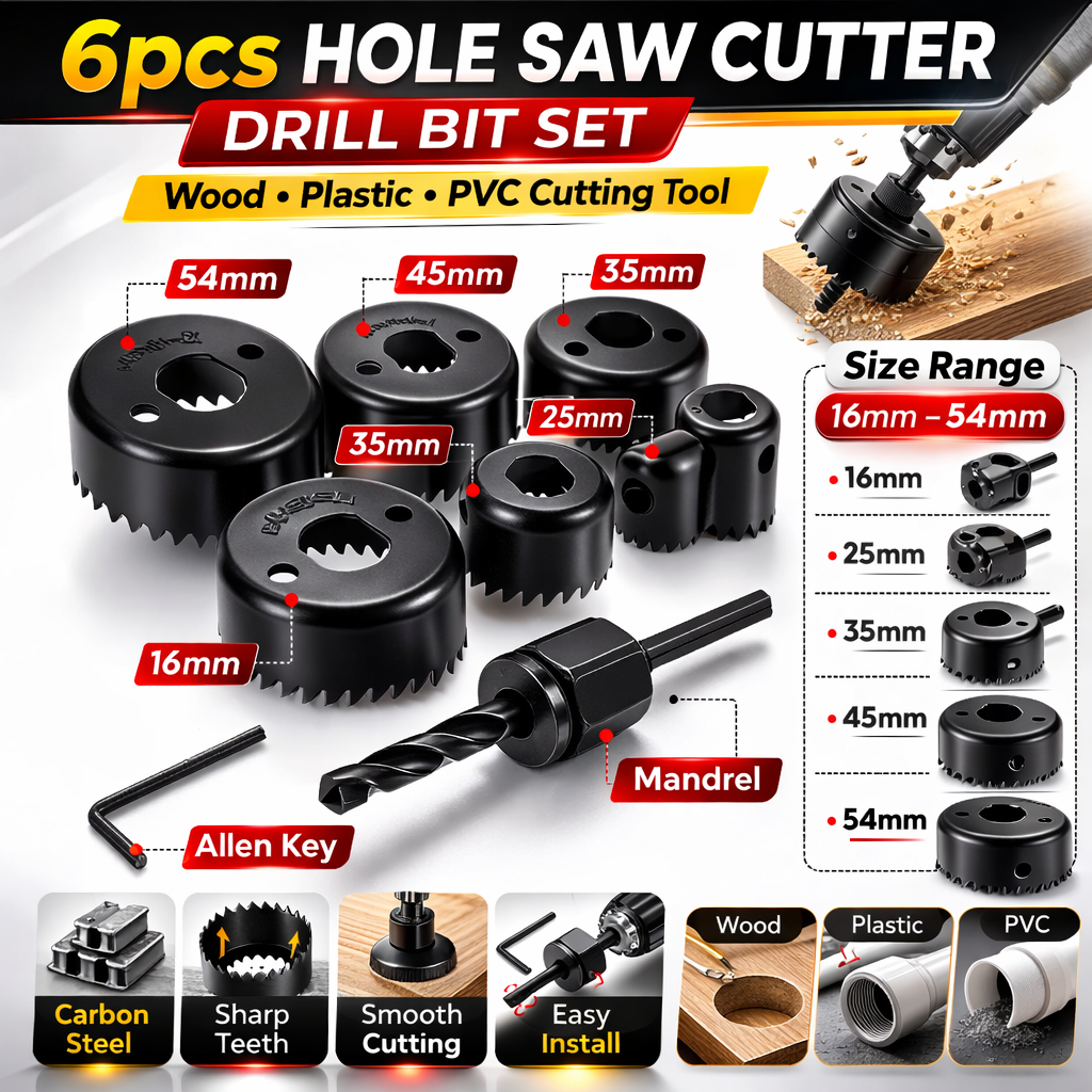Picture of 6 Pcs Hole Saw Cutter Drill Bit Set – Wood & Plastic Round Cutting Tool Kit