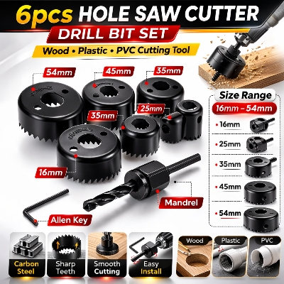 Picture of 6 Pcs Hole Saw Cutter Drill Bit Set – Wood & Plastic Round Cutting Tool Kit