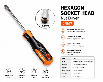 Picture of TENHIGH 5.5mm Hexagon Socket Head Nut Driver Screwdriver | Chrome Vanadium Steel | Non-Slip Ergonomic Handle | Heavy Duty Hand Tool - Orange