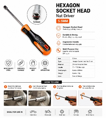 Picture of TENHIGH 5.5mm Hexagon Socket Head Nut Driver Screwdriver | Chrome Vanadium Steel | Non-Slip Ergonomic Handle | Heavy Duty Hand Tool - Orange