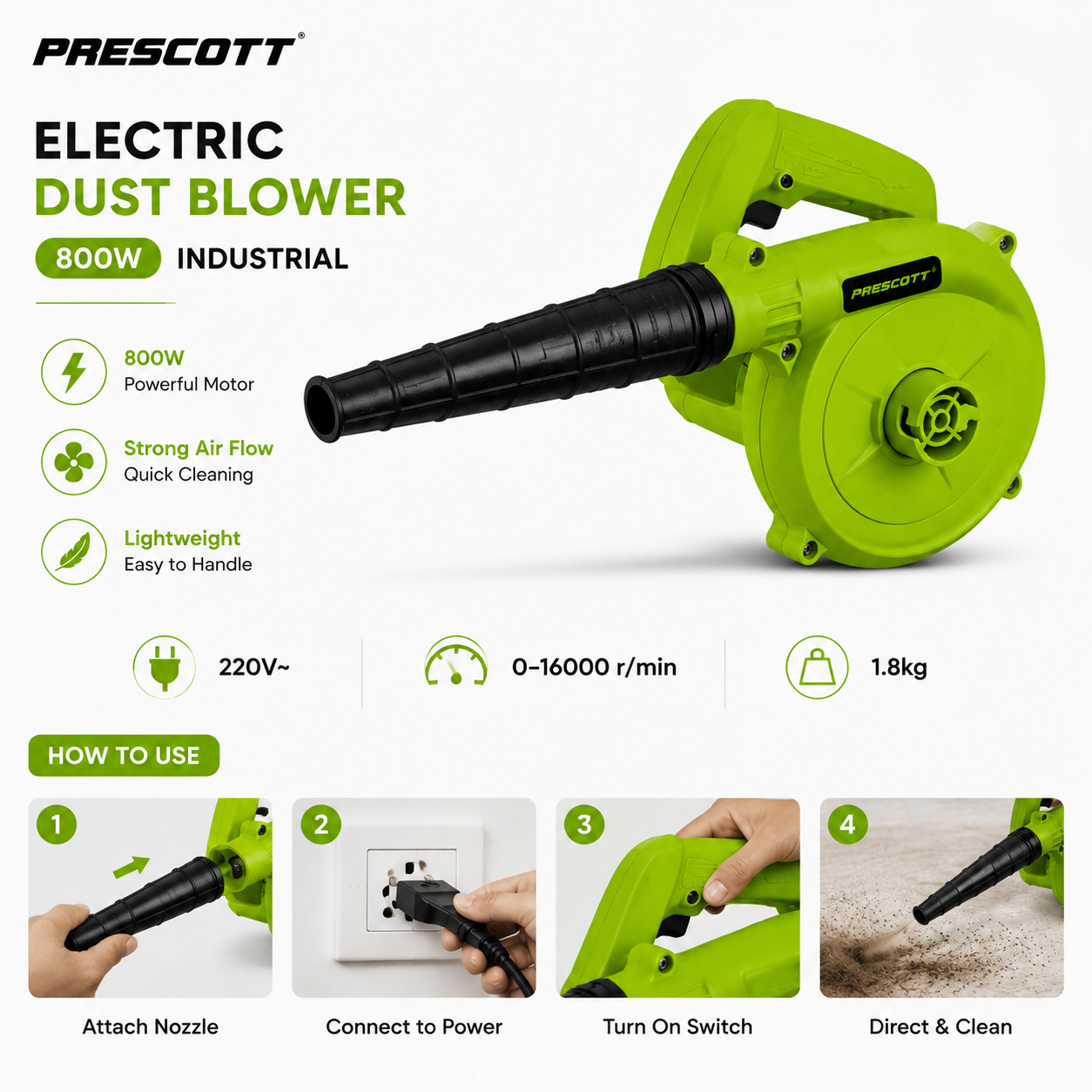Picture of PRESCOTT 800W Industrial Electric Dust Blower Powerful Air Blower Machine for Home, PC & Workshop Cleaning