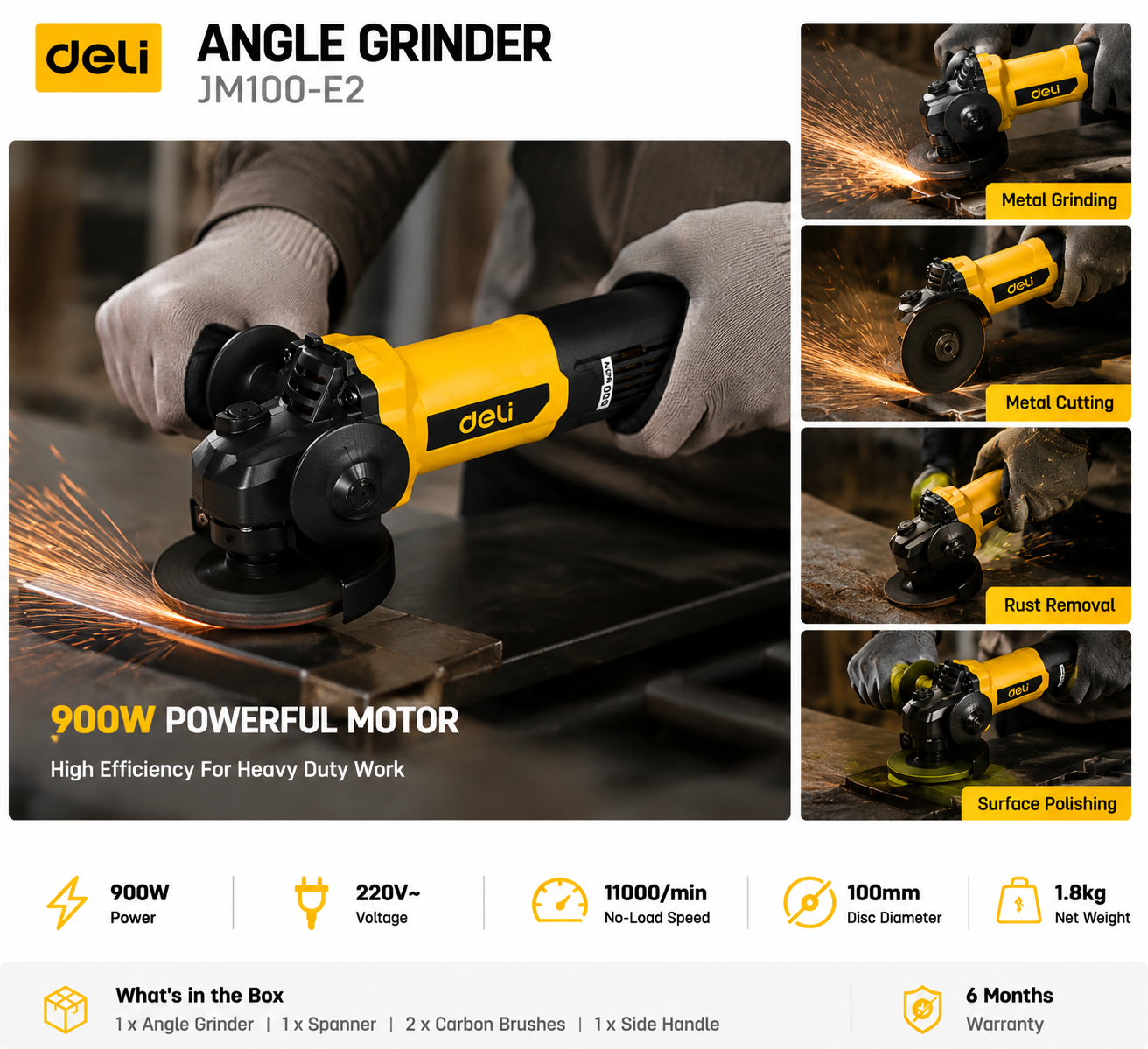 Picture of Deli 900W Angle Grinder Machine 4 Inch Heavy Duty Electric Grinding Cutting Tool JM100-E2 - Yellow