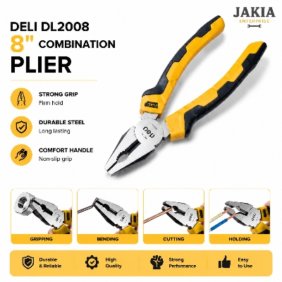 Picture of Deli DL2008 8 Inch Combination Plier Heavy Duty Multipurpose Cutting & Gripping Hand Tool - Yellow