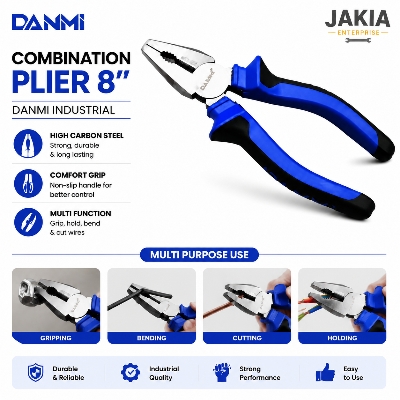 Picture of DANMI 8 Inch Combination Plier Industrial Heavy Duty Cutting Gripping Multipurpose Hand Tool - Blue
