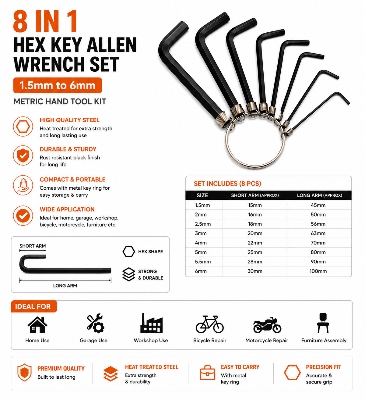 Picture of 8 In 1 Hex Key Allen Wrench Set | 1.5mm-6mm Metric Allen Key Tool Kit | Heat Treated Steel Hex Wrench Set - Black