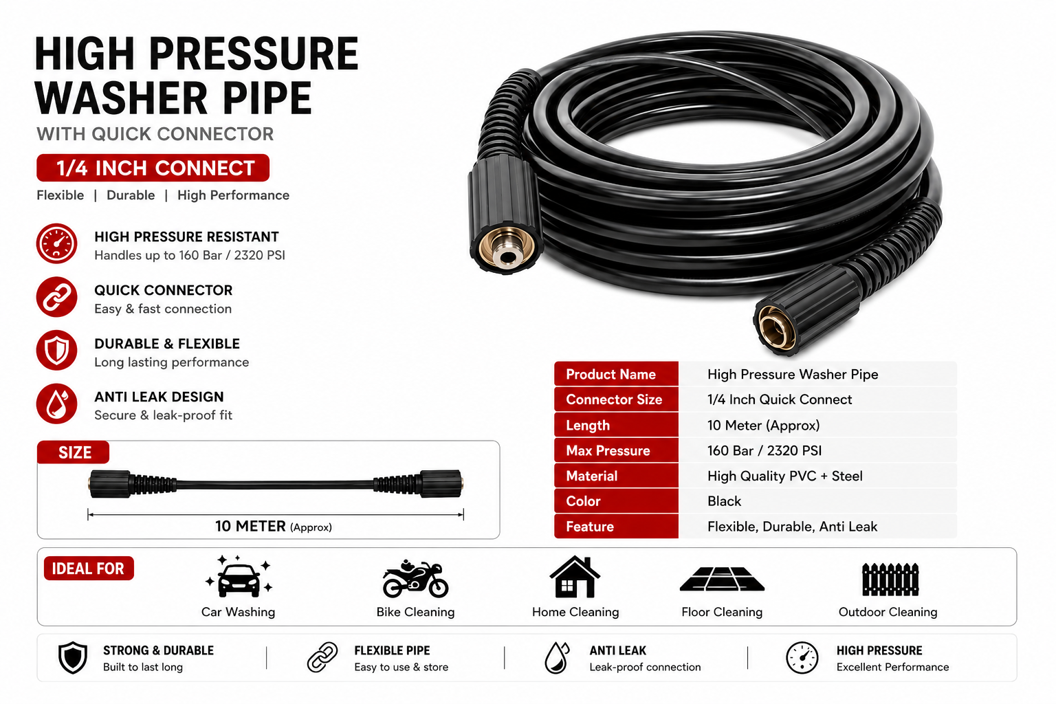 Picture of 10 Meter High Pressure Washer Pipe with 1/4 Inch Quick Connector | 2320 PSI Flexible Water Hose for Car & Bike Cleaning - Black