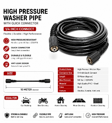 Picture of 10 Meter High Pressure Washer Pipe with 1/4 Inch Quick Connector | 2320 PSI Flexible Water Hose for Car & Bike Cleaning - Black