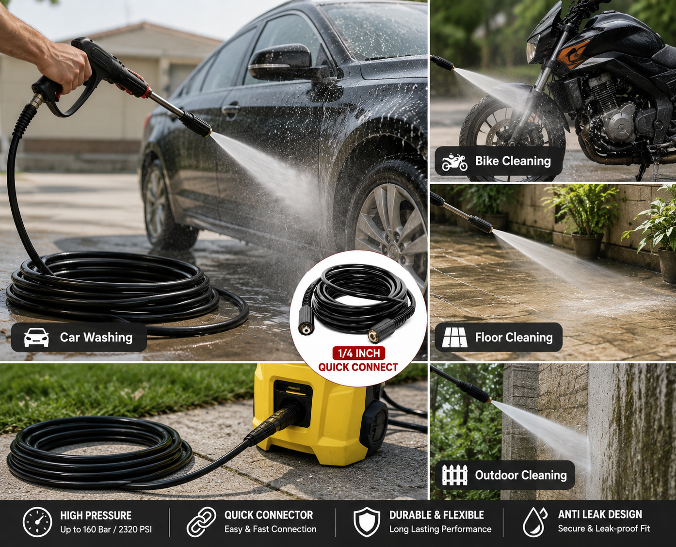 Picture of 10 Meter High Pressure Washer Pipe with 1/4 Inch Quick Connector | 2320 PSI Flexible Water Hose for Car & Bike Cleaning - Black