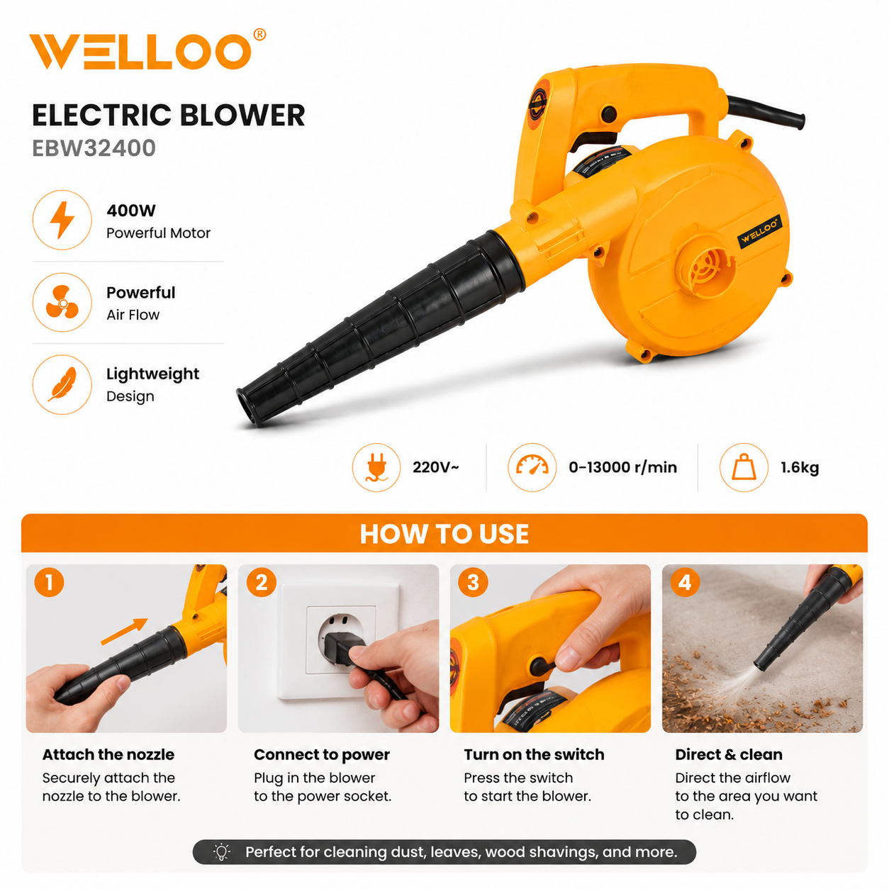 Picture of WELLOO 400W Electric Blower Machine Powerful Air Dust Cleaner for Home, Computer & Workshop Cleaning