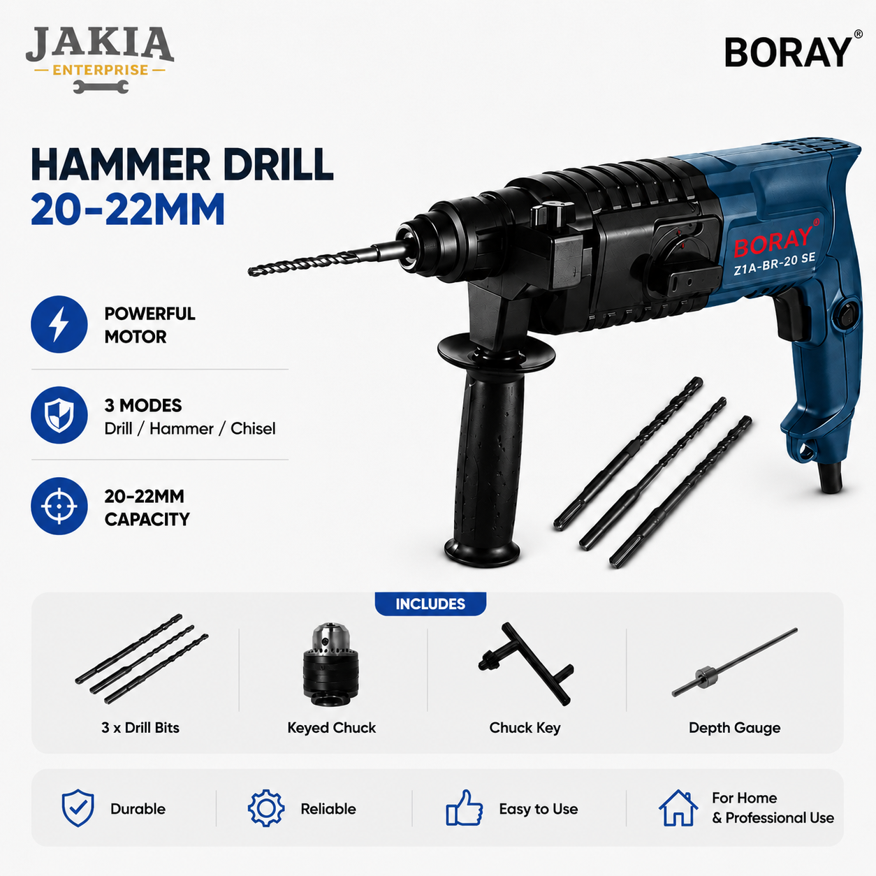 Picture of BORAY 20-22MM Hammer Drill Machine 3 Mode Heavy Duty Electric Rotary Hammer for Concrete Wood & Steel - Blue