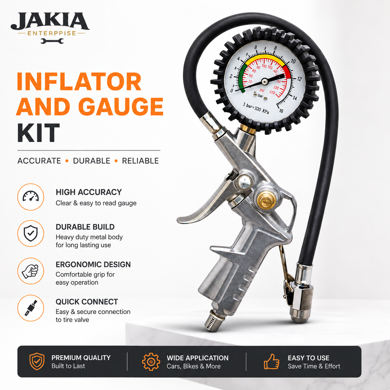Picture of Heavy Duty Tire Inflator Air Pressure Gauge Gun for Car Bike Motorcycle with PSI Meter