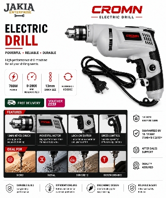 Picture of CROMN 780W Electric Drill Machine 13mm Heavy Duty Power Drill Variable Speed Forward Reverse Impact Drill for Wood Metal Concrete Screw Driving - Grey