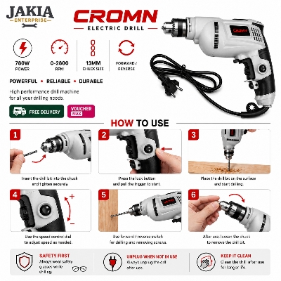 Picture of CROMN 780W Electric Drill Machine 13mm Heavy Duty Power Drill Variable Speed Forward Reverse Impact Drill for Wood Metal Concrete Screw Driving - Grey