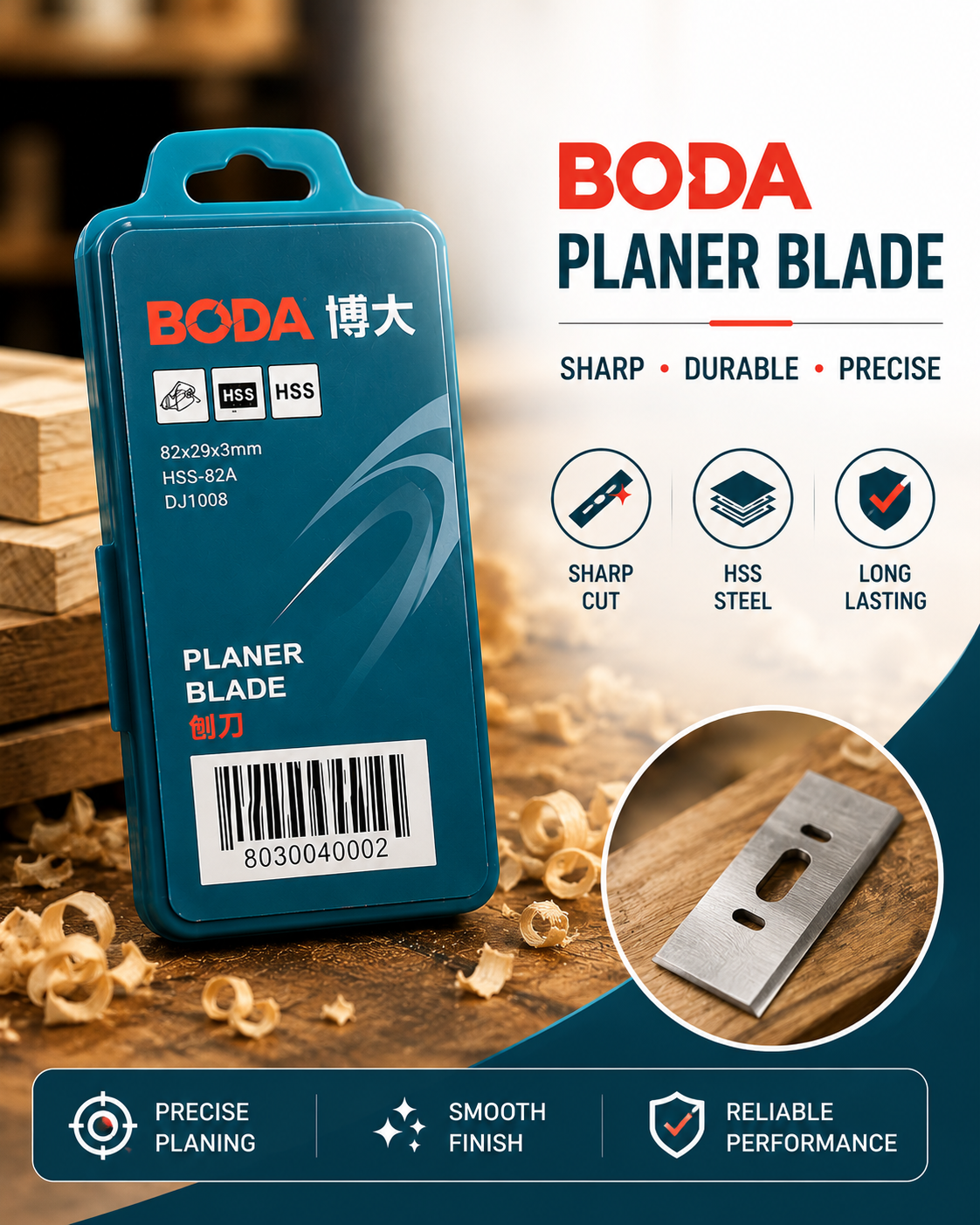 Picture of BODA Premium HSS Planer Blade 82x29x3mm | Sharp Durable Woodworking Cutter Blade for Electric Planer Machine - Blue