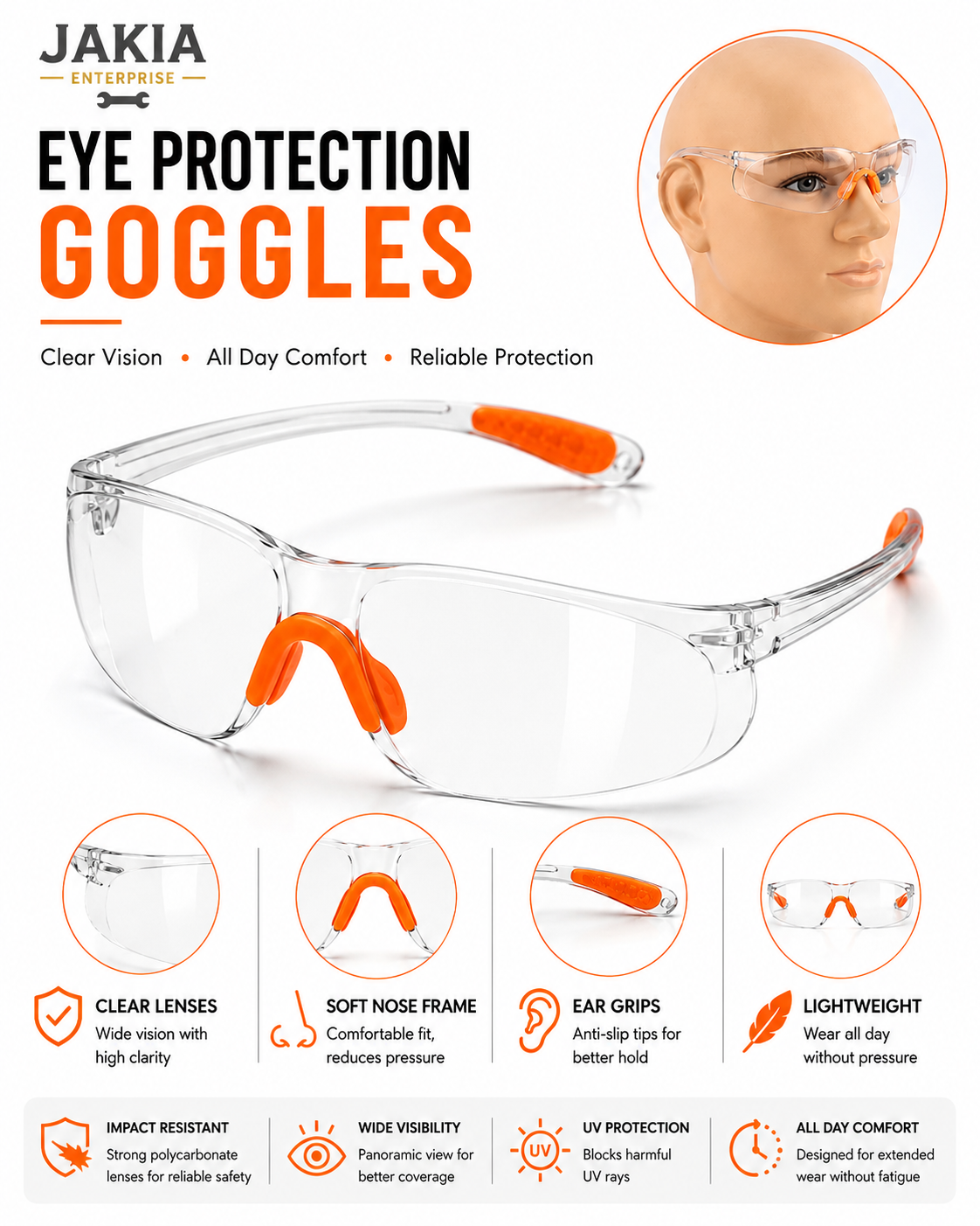 Picture of Safety Eye Protection Goggles Transparent Protective Glasses Anti Dust Anti Impact Safety Glasses for Industrial Construction Lab Workshop - Orange