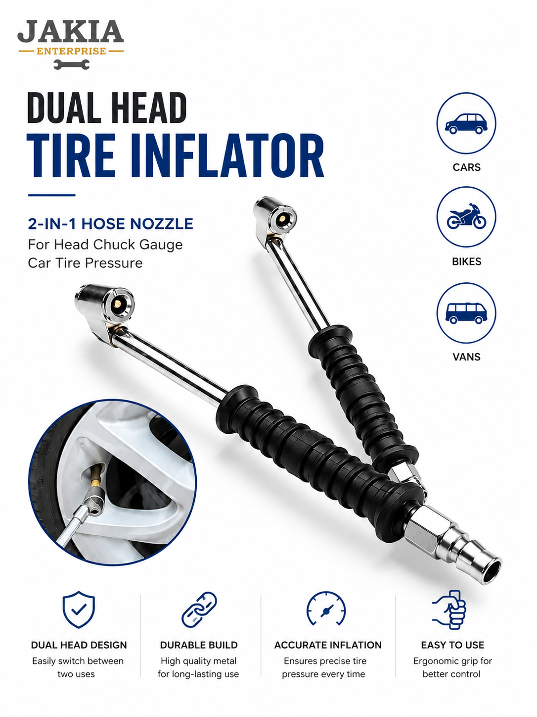 Picture of Dual Head Tire Inflator Air Chuck 2 In 1 Hose Nozzle Tire Pressure Inflator Connector for Car Bike Truck Air Compressor