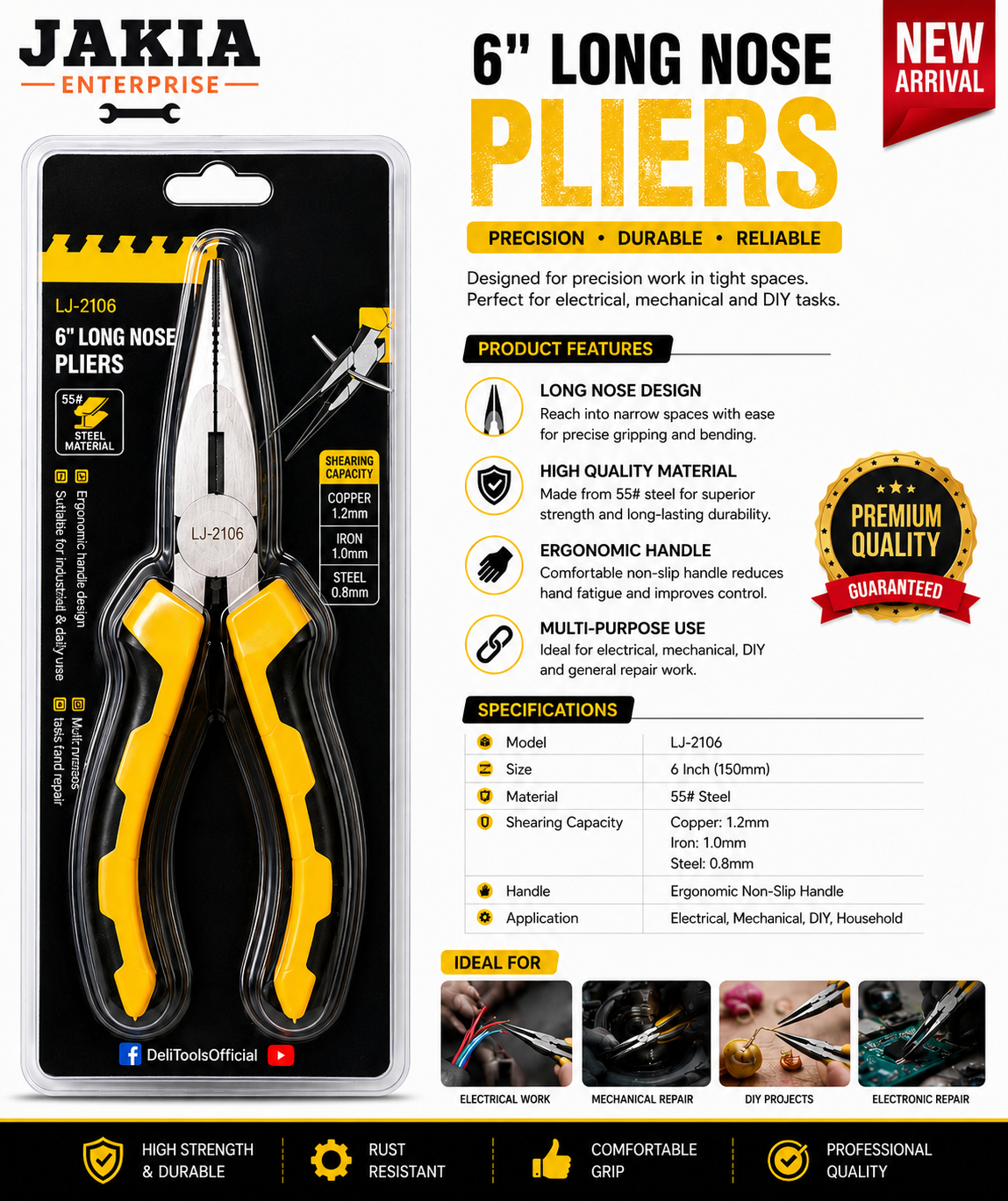 Picture of 6 Inch Long Nose Pliers LJ-2106 Professional Needle Nose Plier for Electrical DIY Repair Work - Yellow