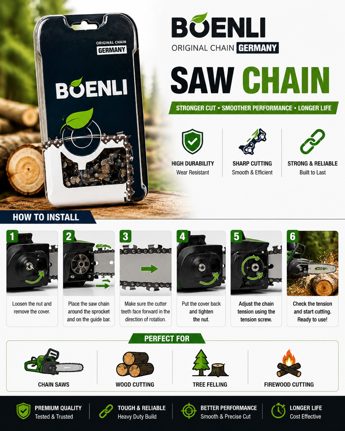 Picture of 16" Inche BOENLI Original Germany Saw Chain for Chainsaw Machine | Sharp Durable Heavy Duty Wood Cutting Chain - Green