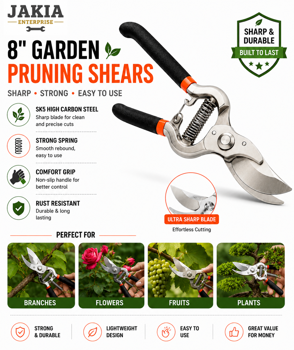 Picture of 8 Inch Garden Pruning Shears SK5 High Carbon Steel Sharp Blade Heavy Duty Gardening Cutter Secateur for Plants Flowers Branches - Silver