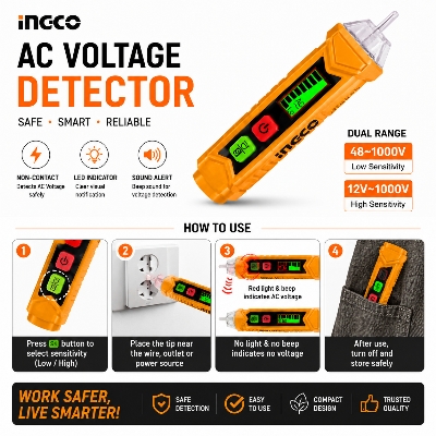 Picture of Digital AC Voltage Detector Pen Non Contact Electric Tester 12V-1000V with LED &amp; Sound Alert - Yellow
