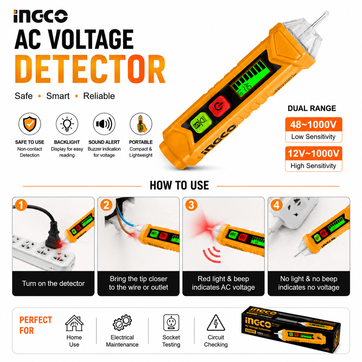 Picture of Digital AC Voltage Detector Pen Non Contact Electric Tester 12V-1000V with LED &amp; Sound Alert - Yellow