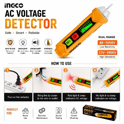Picture of Digital AC Voltage Detector Pen Non Contact Electric Tester 12V-1000V with LED &amp; Sound Alert - Yellow