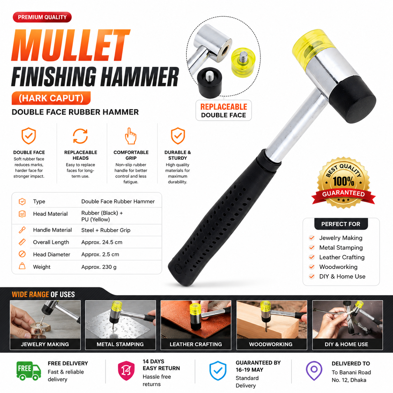 Picture of Double Face Rubber Mallet Hammer | Multifunction Finishing Hammer | Replaceable Head Soft & Hard Rubber Hammer - Multicolor