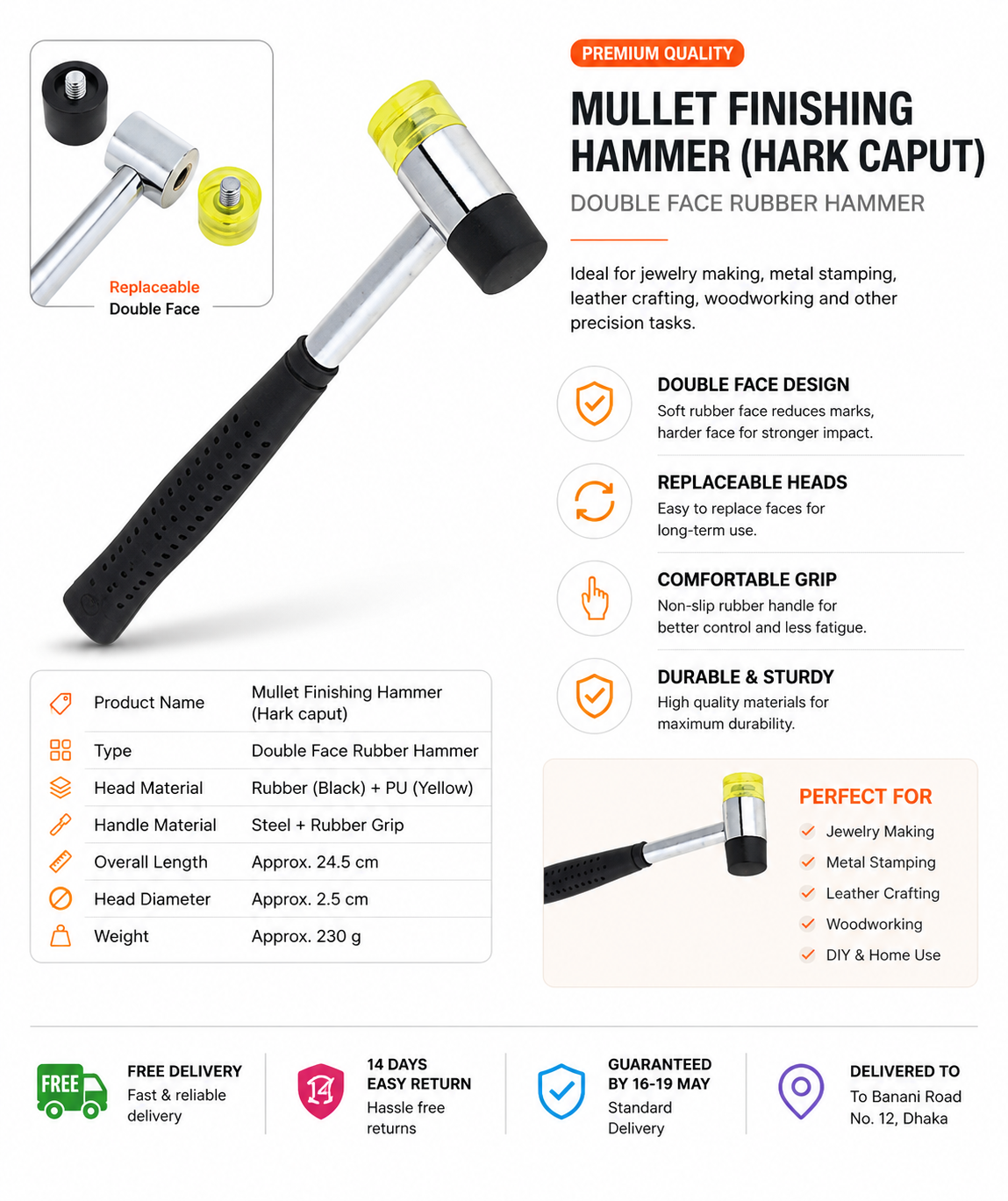 Picture of Double Face Rubber Mallet Hammer | Multifunction Finishing Hammer | Replaceable Head Soft & Hard Rubber Hammer - Multicolor