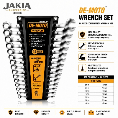 Picture of DE-MOTO 14 Pcs Combination Wrench Set - Chrome Vanadium Steel Spanner Set - Heavy Duty Professional Tool Kit for Automotive, Bike, Machine & Home Repair - Multicolor