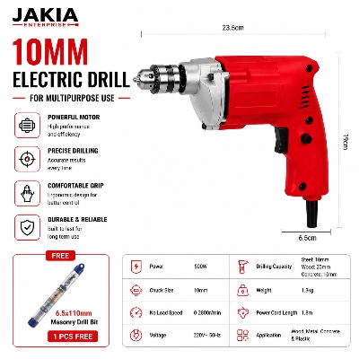 Picture of 10MM Electric Drill Machine 500W - High Speed Portable Power Drill with Free Masonry Drill Bit - Heavy Duty Hand Drill for Wood, Metal & Concrete - Multicolor