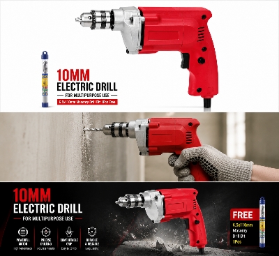 Picture of 10MM Electric Drill Machine 500W - High Speed Portable Power Drill with Free Masonry Drill Bit - Heavy Duty Hand Drill for Wood, Metal & Concrete - Multicolor