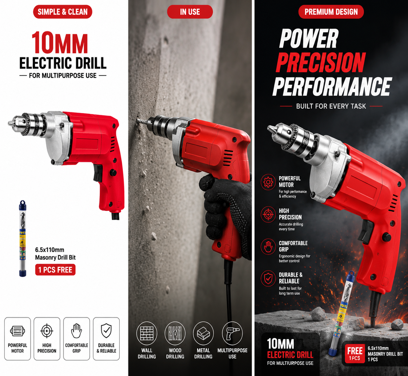 Picture of 10MM Electric Drill Machine 500W - High Speed Portable Power Drill with Free Masonry Drill Bit - Heavy Duty Hand Drill for Wood, Metal & Concrete - Multicolor