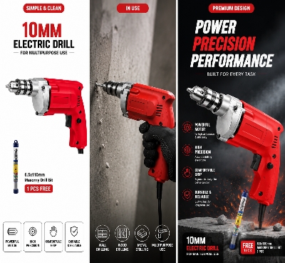 Picture of 10MM Electric Drill Machine 500W - High Speed Portable Power Drill with Free Masonry Drill Bit - Heavy Duty Hand Drill for Wood, Metal & Concrete - Multicolor