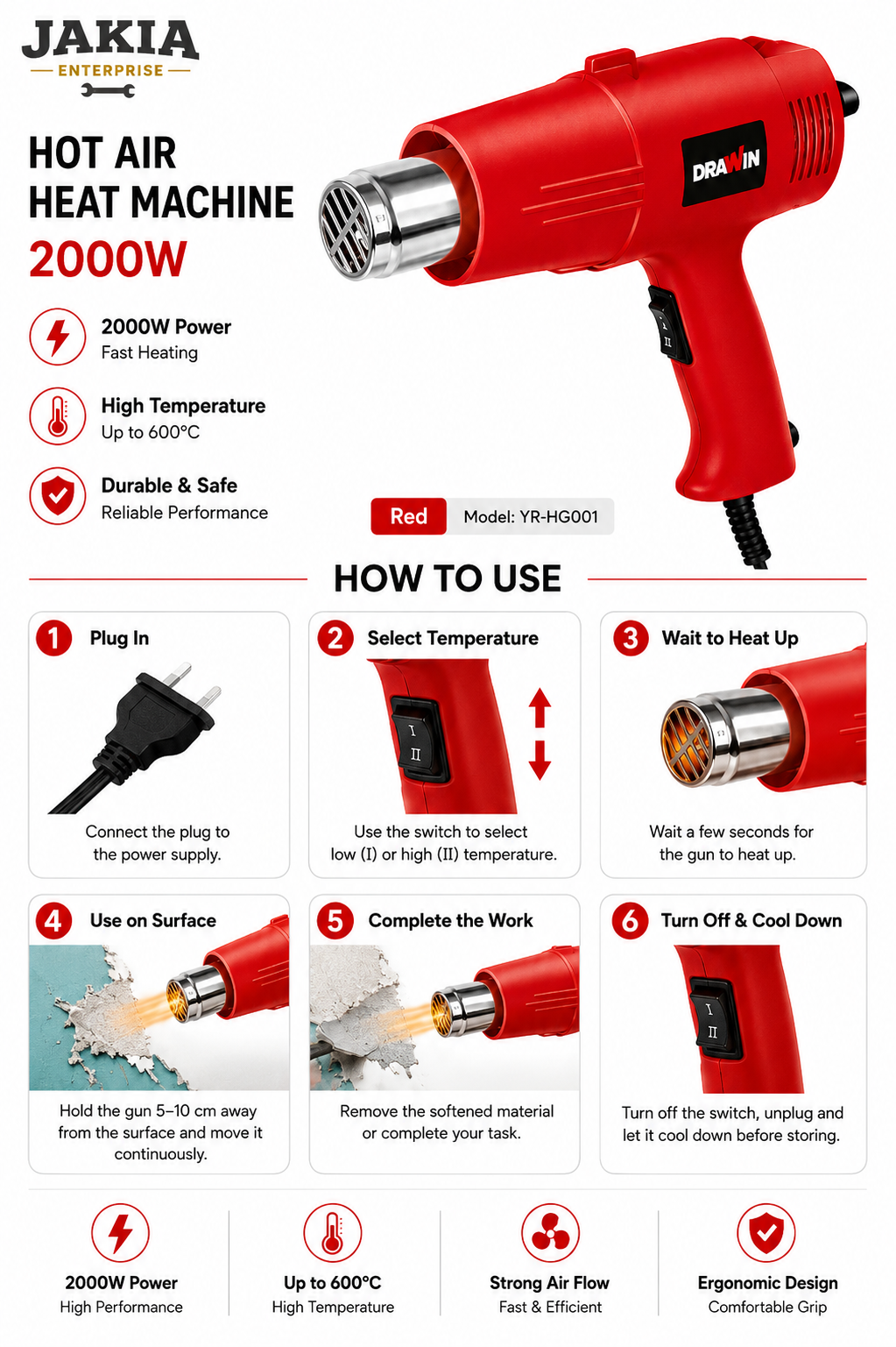 Picture of DRAWIN 2000W Professional Heat Gun Hot Air Blower Machine Fast Heating 600°C Industrial Heat Tool for PVC, Paint Removing & DIY Work - Multicolor