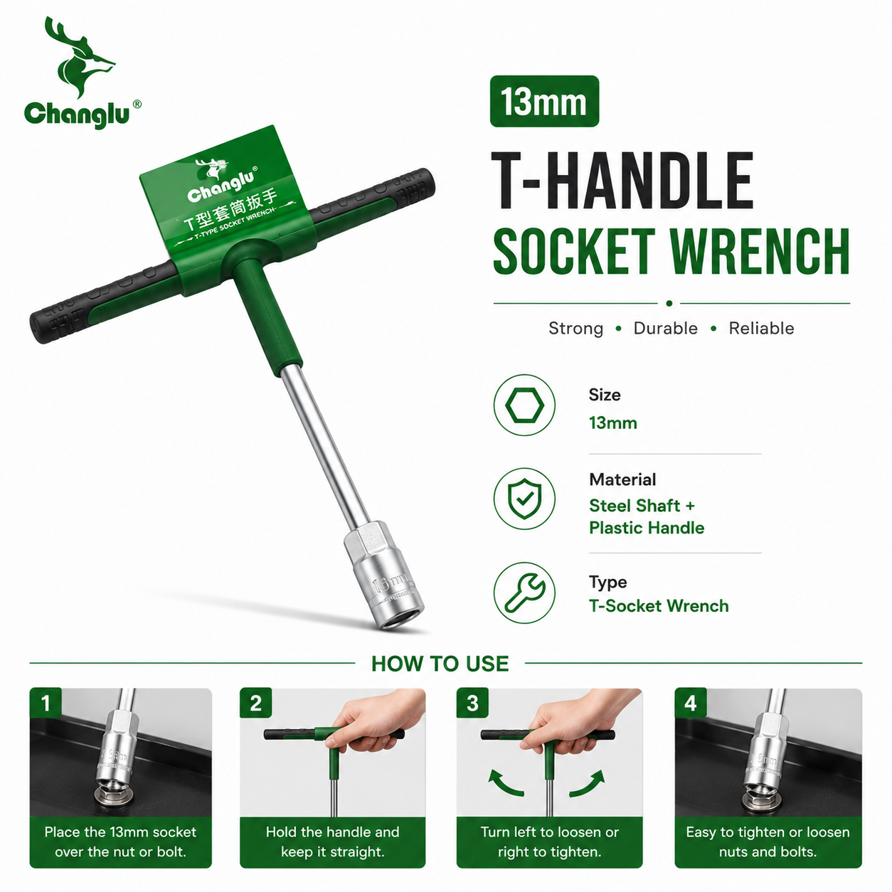 Picture of Changlu 13mm T-Socket Wrench with Plastic Handle | Heavy Duty Steel Shaft T Handle Socket Spanner Tool | Rust Resistant Comfortable Grip - Multicolor