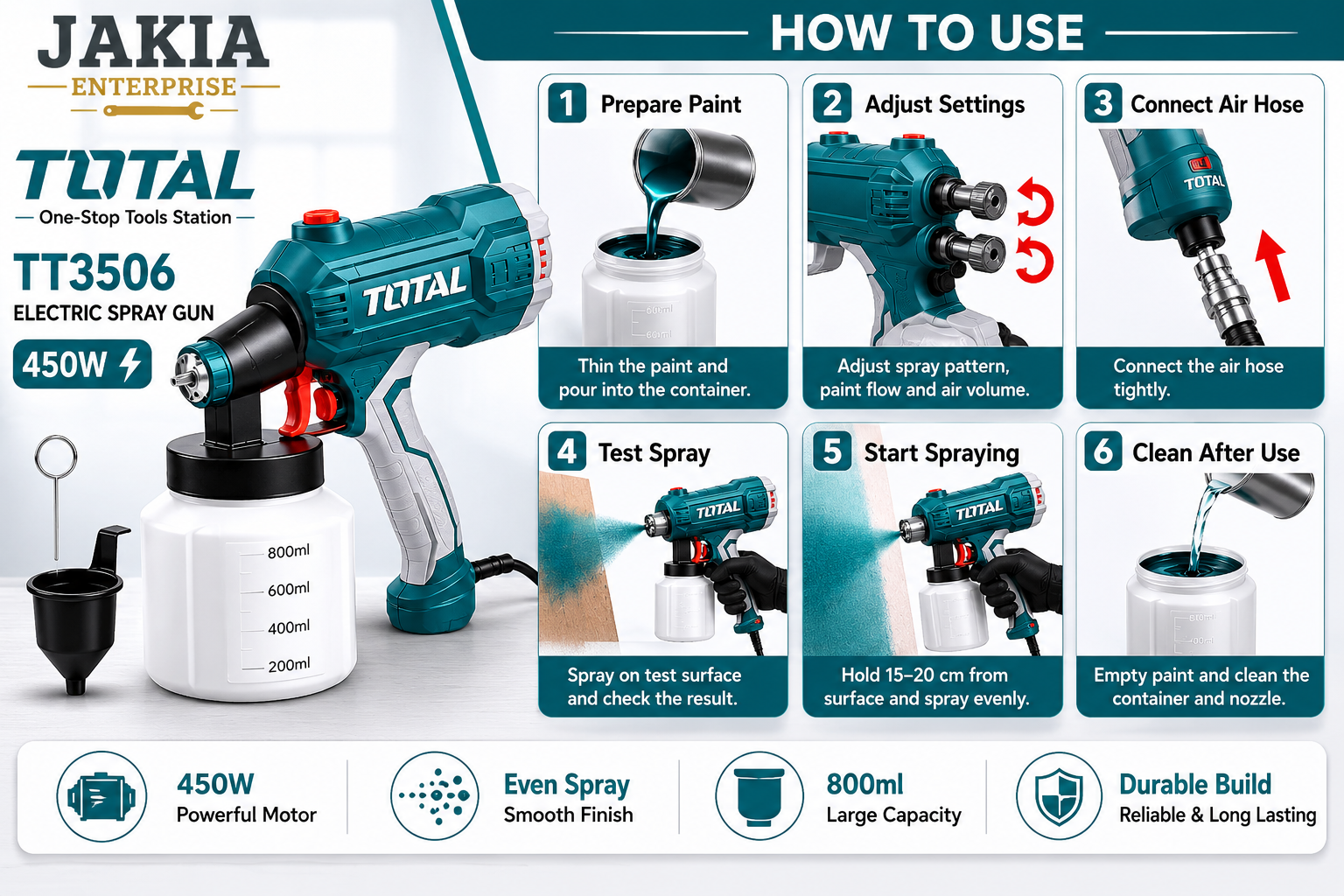 Picture of TOTAL TT3506 Electric Paint Spray Gun 450W High Power Paint Sprayer Machine with 800ml Container for Wall, Furniture & Car Painting - Multicolor