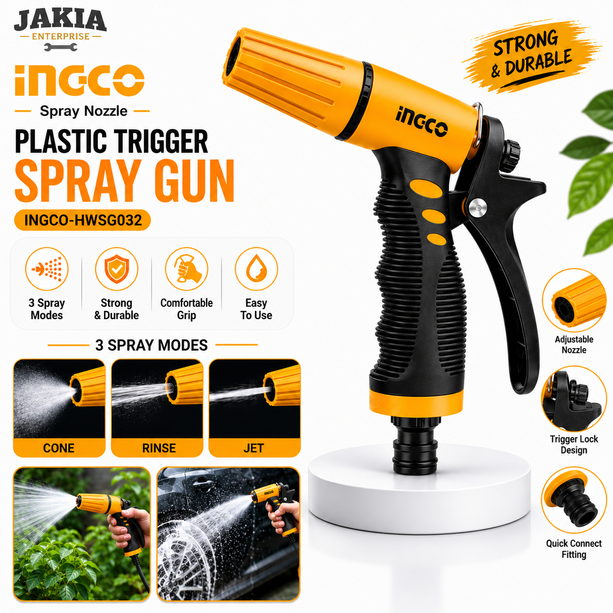 Picture of INGCO Trigger Spray Gun HWSG032 Adjustable Water Spray Nozzle Garden Car Wash Cleaning Gun 3 Spray Modes - Multicolor
