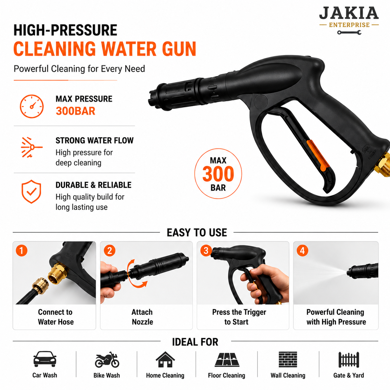 Picture of High Pressure Cleaning Water Gun 300BAR | Car Wash Pressure Washer Spray Gun for Bike, Floor, Wall & Home Cleaning
