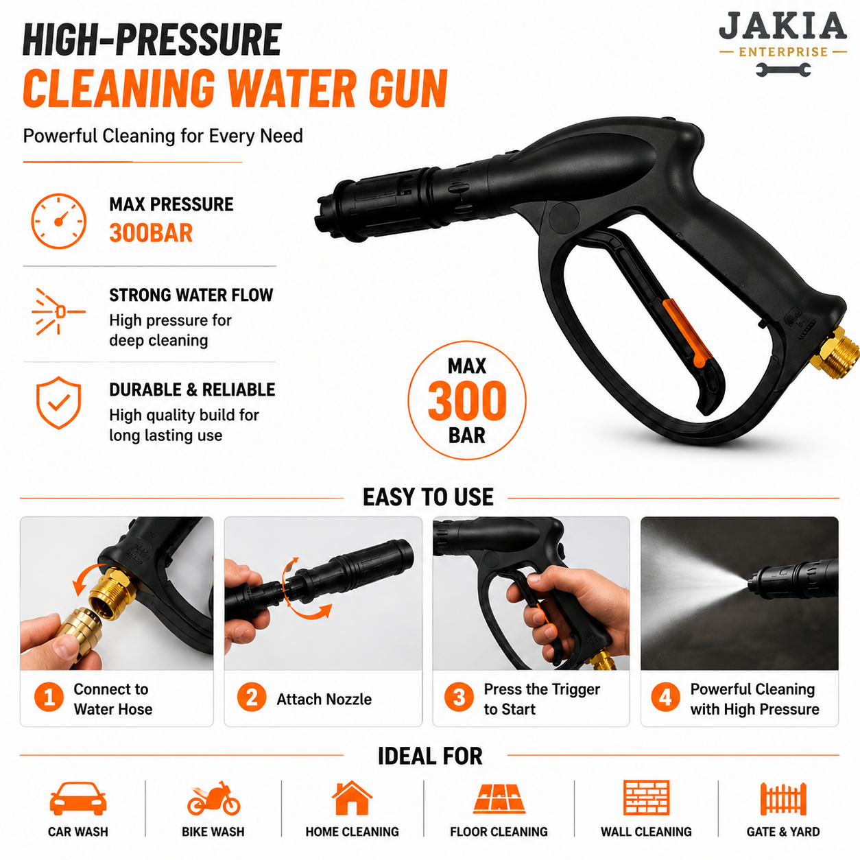 Picture of High Pressure Cleaning Water Gun 300BAR | Car Wash Pressure Washer Spray Gun for Bike, Floor, Wall & Home Cleaning