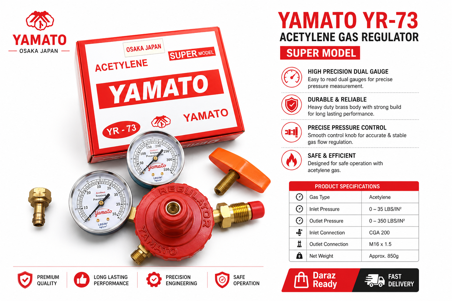 Picture of YAMATO YR-73 Acetylene Gas Regulator | Dual Gauge Pressure Regulator | Heavy Duty Brass Welding Regulator for Gas Cutting & Welding