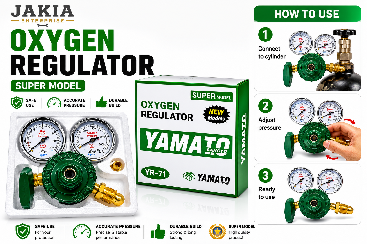 Picture of YAMATO YR-71 Oxygen Regulator Super Model with Dual Pressure Gauge – Heavy Duty Oxygen Cylinder Pressure Regulator for Welding, Medical & Industrial Use