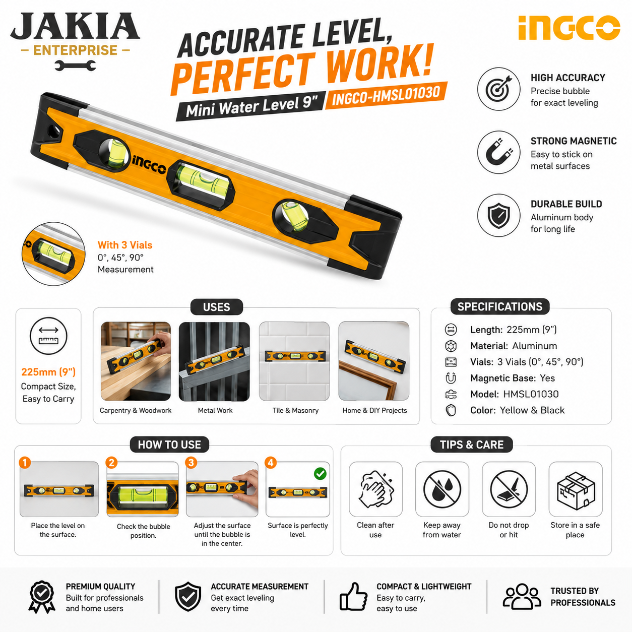 Picture of INGCO Mini Spirit Level 225mm Magnetic | 9 Inch Aluminum Level Meter | 3 Vials High Accuracy Measuring Tool for Construction & Carpentry - Multicolor
