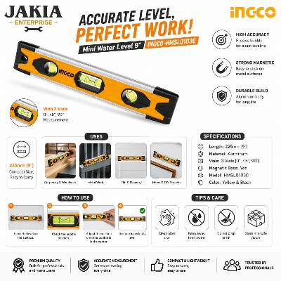 Picture of INGCO Mini Spirit Level 225mm Magnetic | 9 Inch Aluminum Level Meter | 3 Vials High Accuracy Measuring Tool for Construction & Carpentry - Multicolor