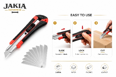 Picture of Premium Utility Knife Cutter with SK5 Sharp Blade | Auto Lock Box Cutter | Heavy Duty Paper, Carton & Craft Cutting Knife - Multicolor